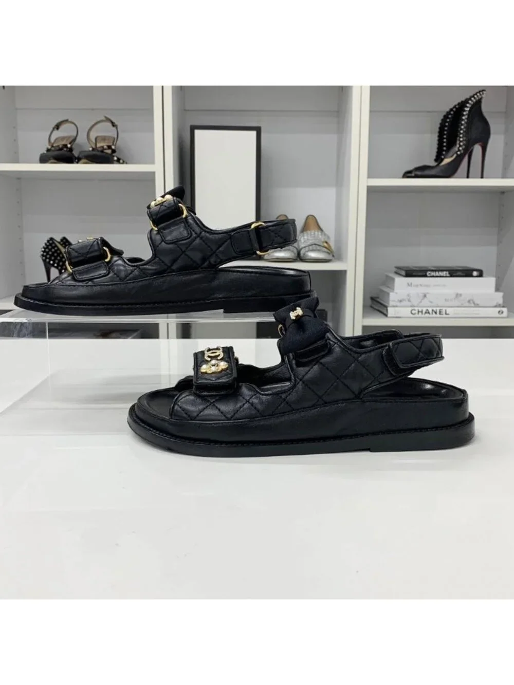 Chanel CC Logo Quilted Ribbon Leather Velcro Sandals